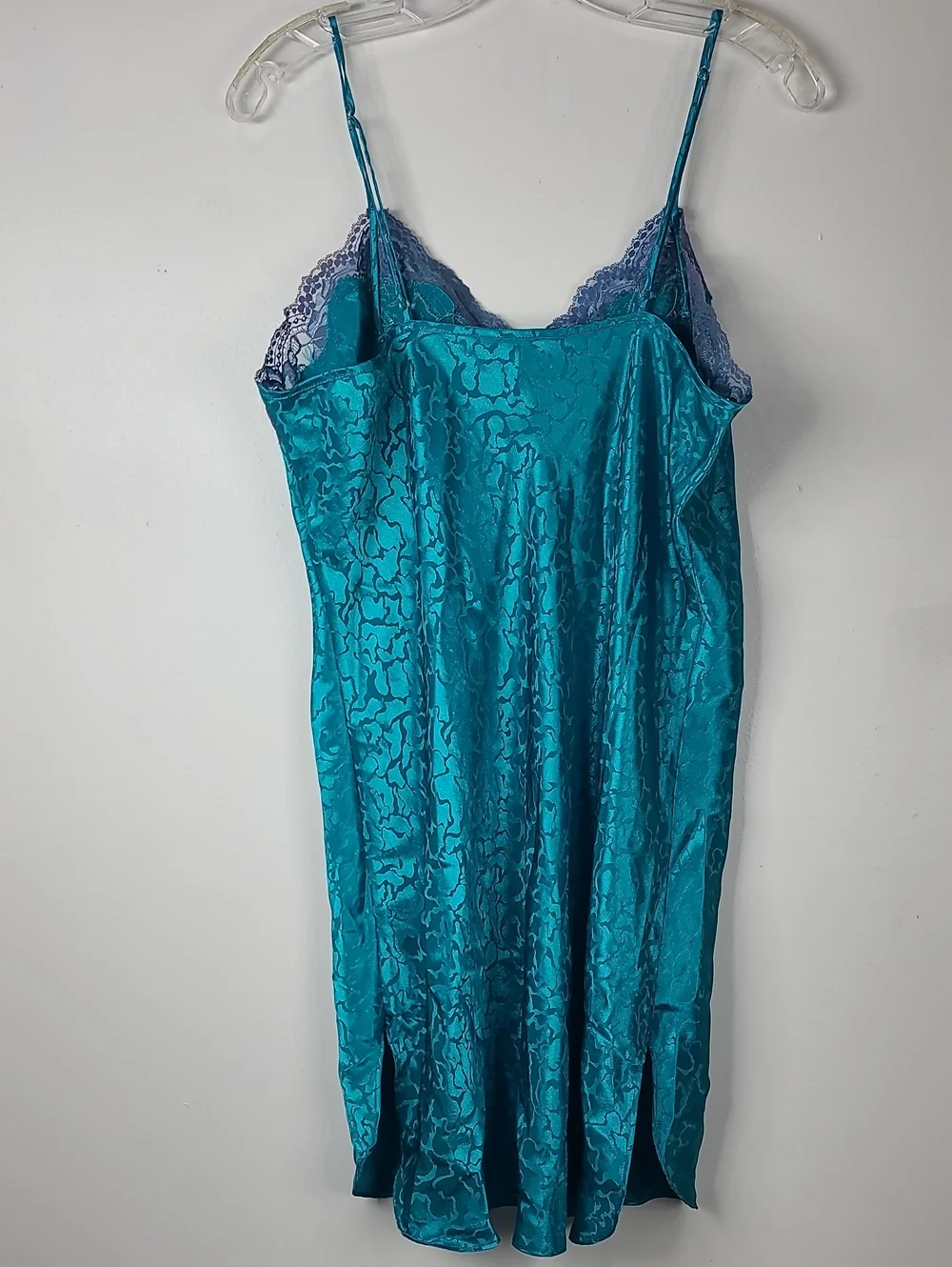 Vintage Erika Taylor Teal Silky Jacquard Lace V-Neckline Spaghetti Strap Slip L - Picture 3 of 12